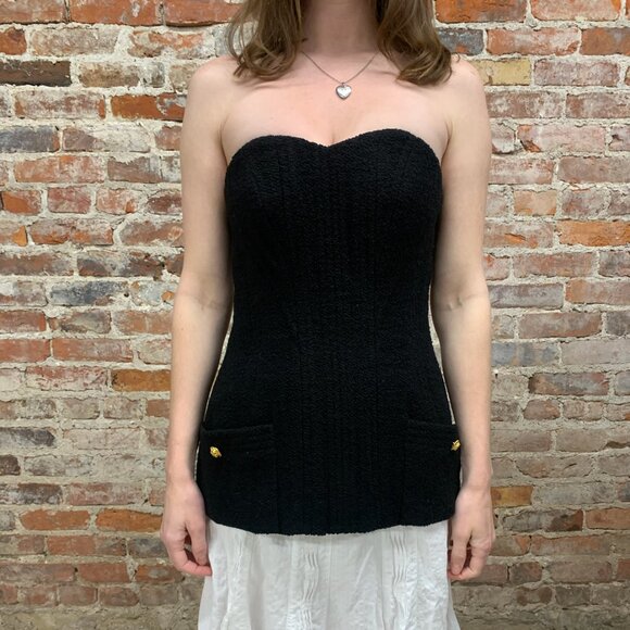 Vintage Black Chanel Bouclé Bustier with Pockets and Gold Buttons.